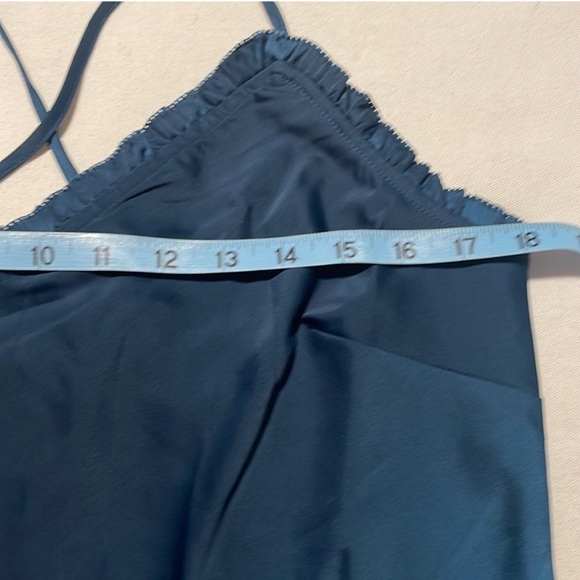 Lascana NWOT Slip Dress sz 10 in Teal Satin w/ Sweetheart Ruffle Trim - Picture 3 of 6